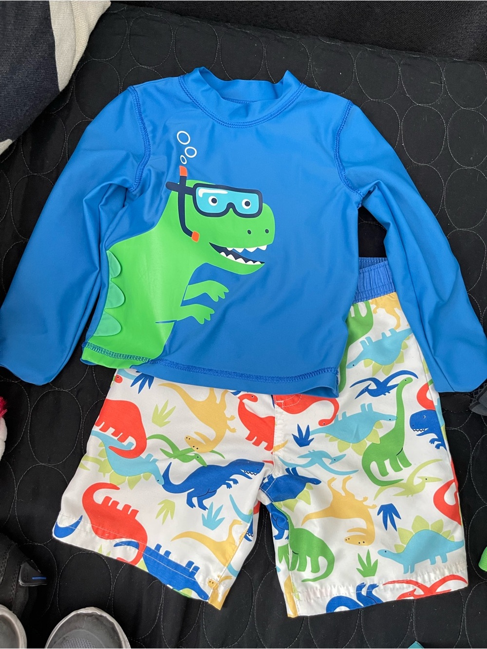 Little Me Blue & Green Dino Rashguard Swim Set with Multi-Color Dino Shorts